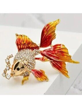 Goldfish Brooch Fish Rhinestone Sparkle Stunning Crystal Glam Trendy Stylish Fun